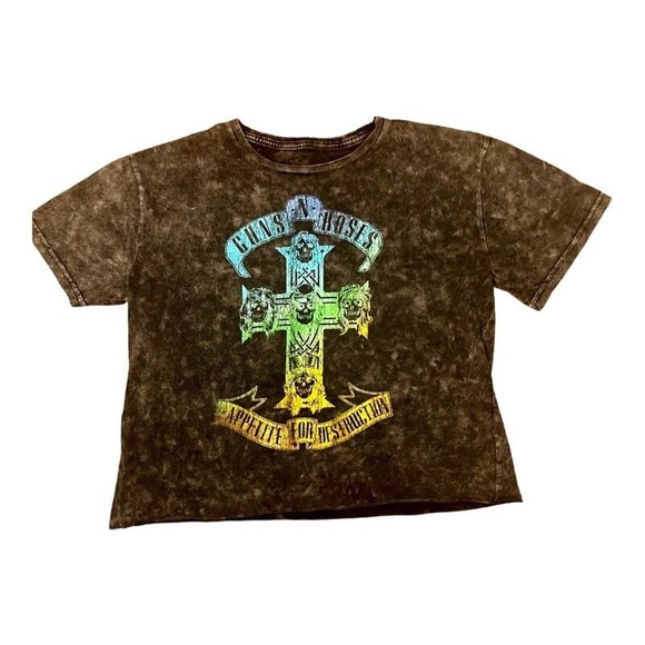 Guns N Roses Grey Cropped Band Tee- Sz Large - Distressed - Picture 8 of 8